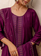 Vellora Silk Blend Wine Casual Wear Embroidery Work Readymade Plazzo Suit | Grocsy