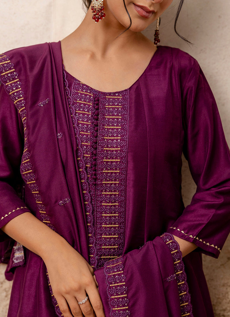 Vellora Silk Blend Wine Casual Wear Embroidery Work Readymade Plazzo Suit | Grocsy