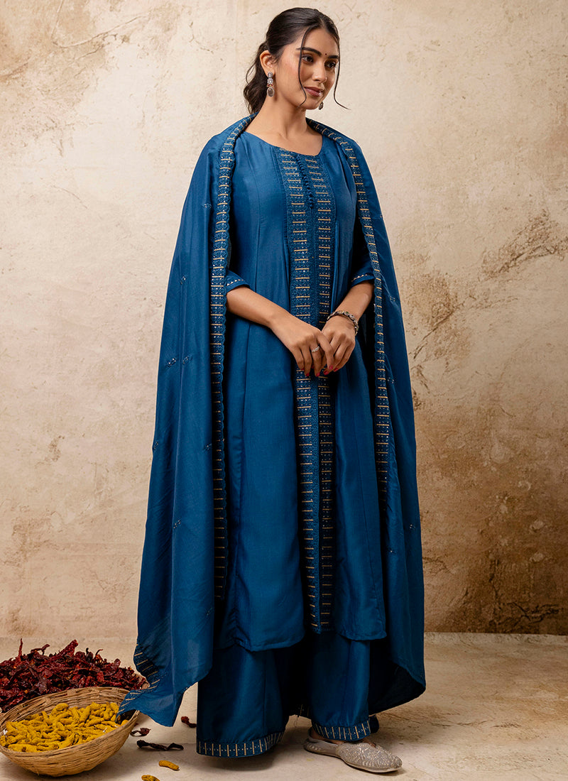 Vellora Silk Blend Navy Blue Casual Wear Embroidery Work Readymade Plazzo Suit | Grocsy
