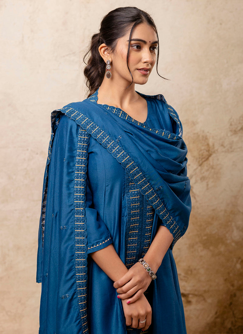 Vellora Silk Blend Navy Blue Casual Wear Embroidery Work Readymade Plazzo Suit | Grocsy