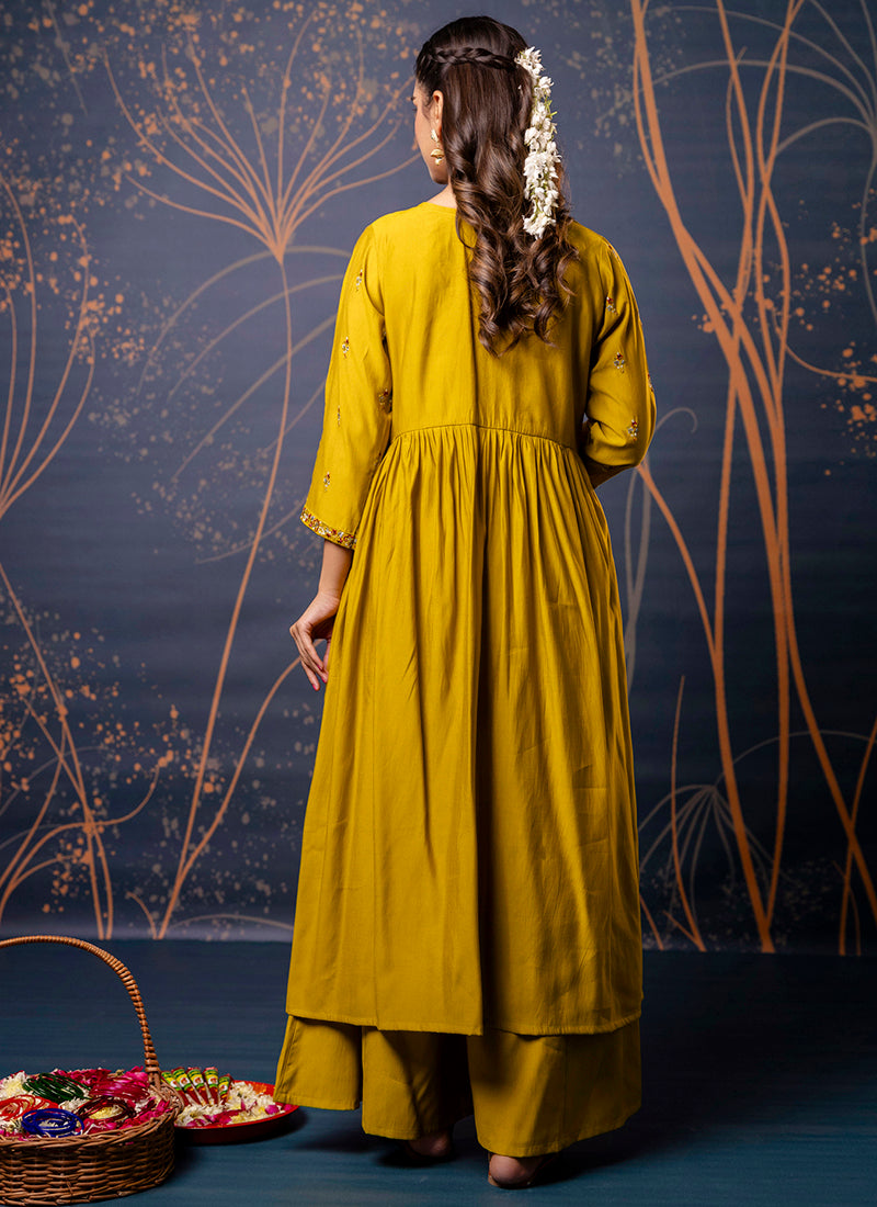 Vellora Silk Blend Mustard Designer Wear Embroidery Work Readymade Anarkali Suit | Grocsy