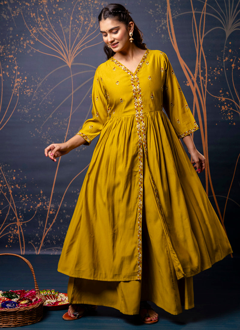 Vellora Silk Blend Mustard Designer Wear Embroidery Work Readymade Anarkali Suit | Grocsy