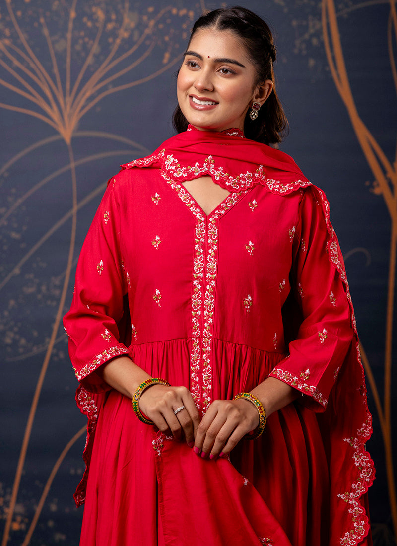 Vellora Silk Blend Red Designer Wear Embroidery Work Readymade Anarkali Suit | Grocsy
