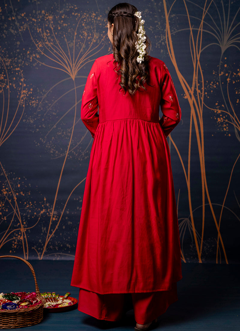 Vellora Silk Blend Red Designer Wear Embroidery Work Readymade Anarkali Suit | Grocsy