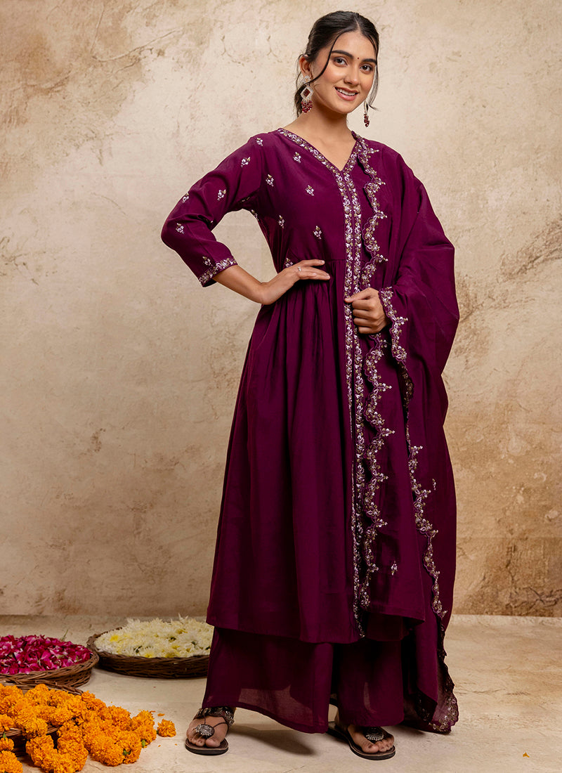 Vellora Silk Blend Wine Designer Wear Embroidery Work Readymade Anarkali Suit | Grocsy