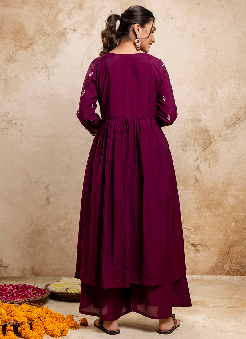 Vellora Silk Blend Wine Designer Wear Embroidery Work Readymade Anarkali Suit | Grocsy