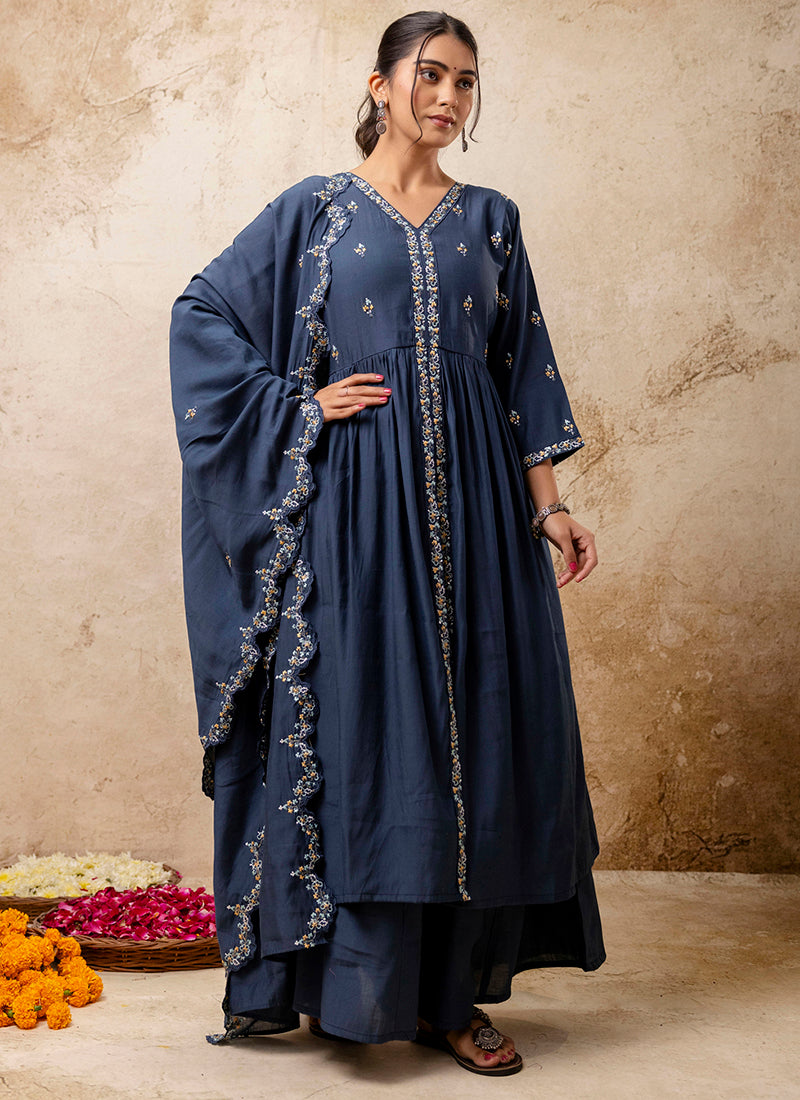 Vellora Silk Blend Teal Designer Wear Embroidery Work Readymade Anarkali Suit | Grocsy