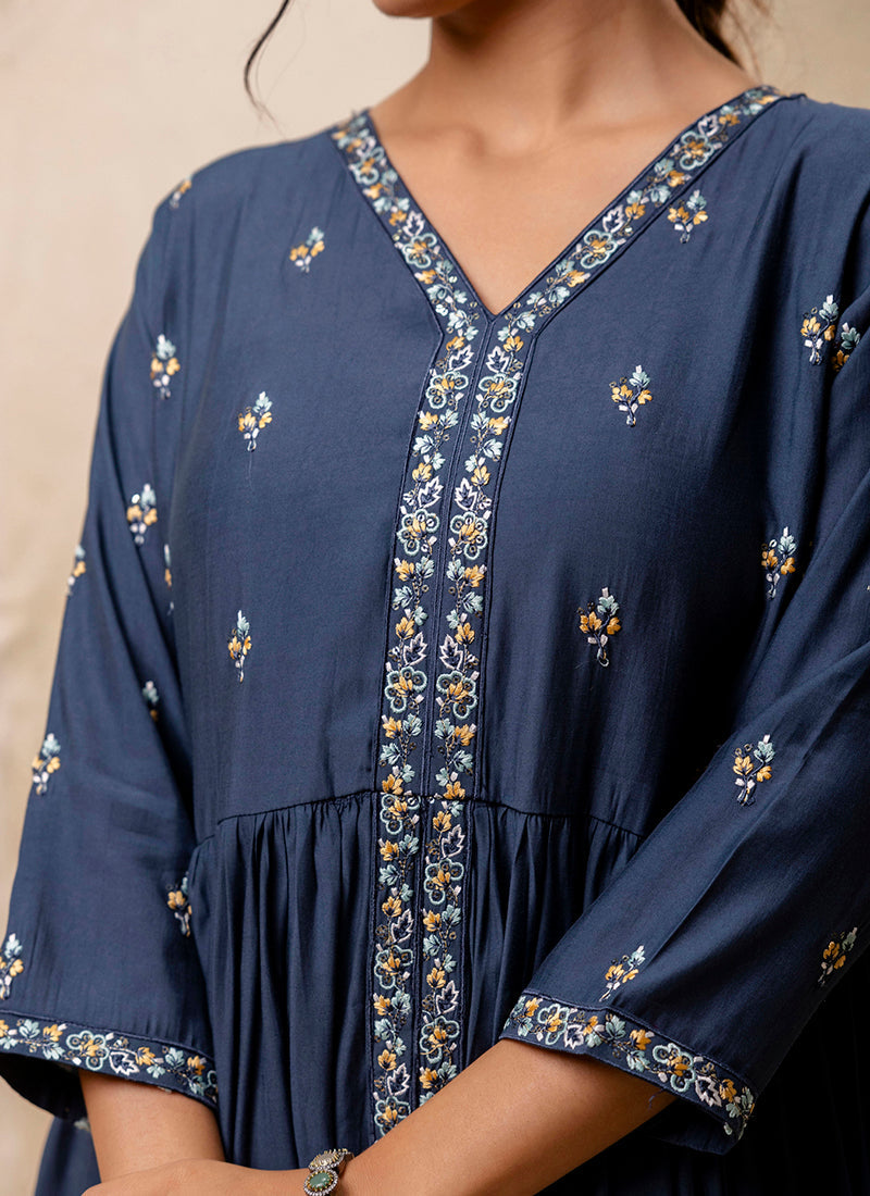 Vellora Silk Blend Teal Designer Wear Embroidery Work Readymade Anarkali Suit | Grocsy
