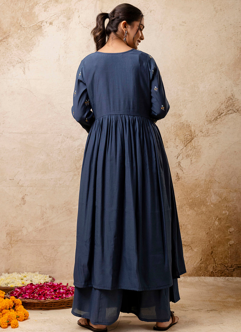 Vellora Silk Blend Teal Designer Wear Embroidery Work Readymade Anarkali Suit | Grocsy