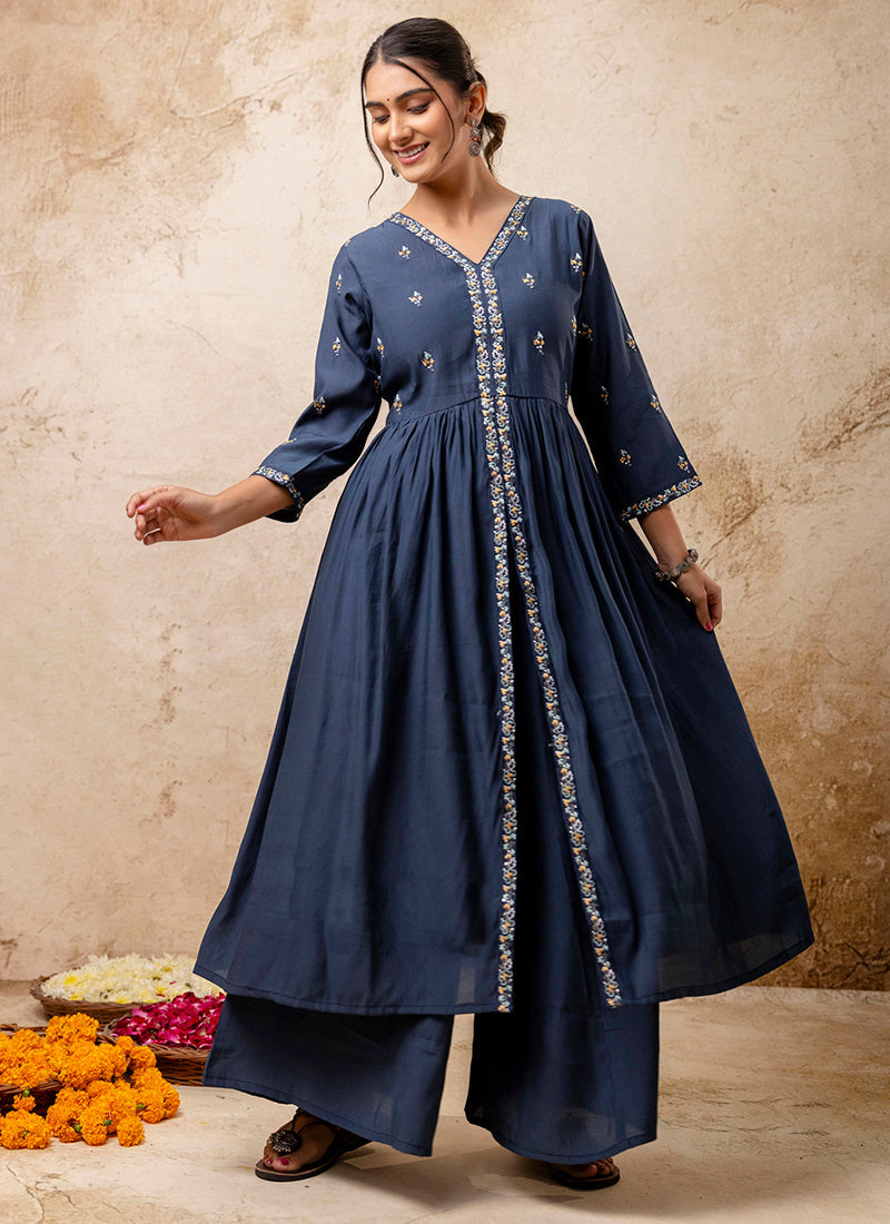 Vellora Silk Blend Teal Designer Wear Embroidery Work Readymade Anarkali Suit | Grocsy