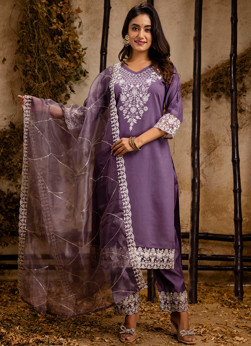 Vellora Silk Blend Lavender Festival Wear Embroidery Work Readymade Salwar Suit | Grocsy