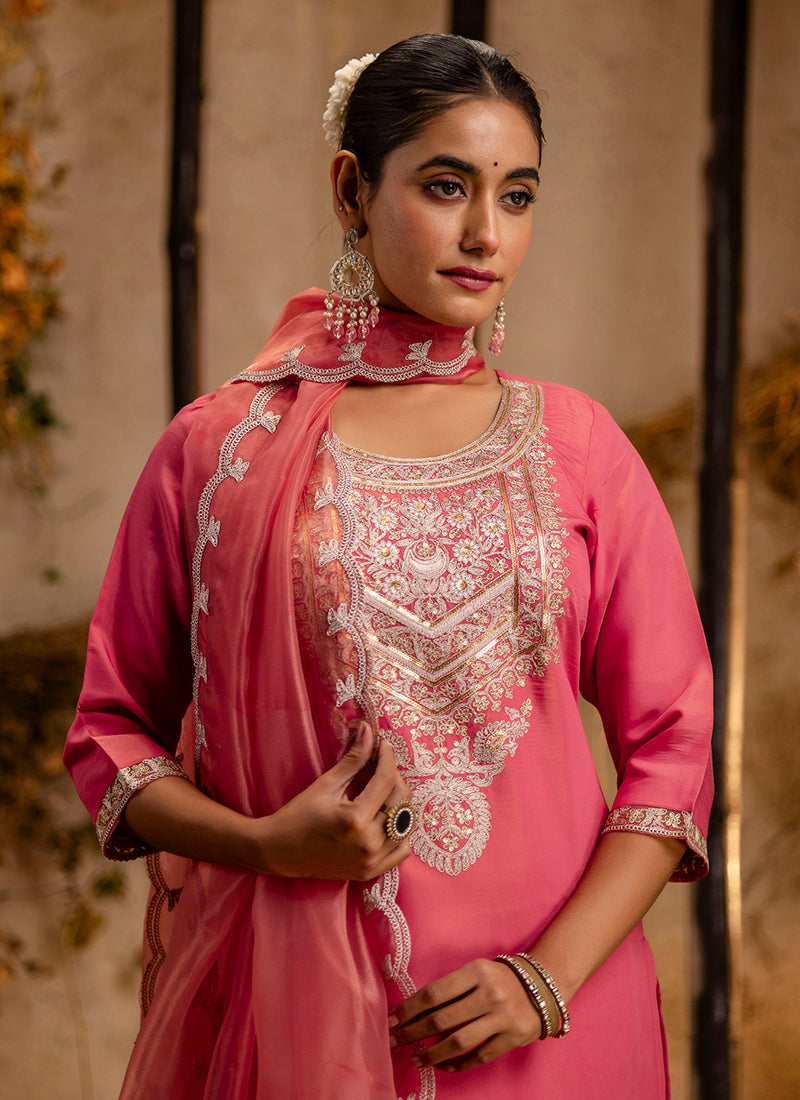 Vellora Silk Blend Pink Party Wear Embroidery Work Readymade Salwar Suit | Grocsy