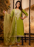 Vellora Silk Blend Olive Green Party Wear Embroidery Work Readymade Salwar Suit | Grocsy