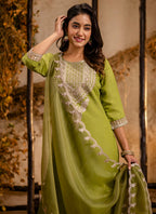Vellora Silk Blend Olive Green Party Wear Embroidery Work Readymade Salwar Suit | Grocsy
