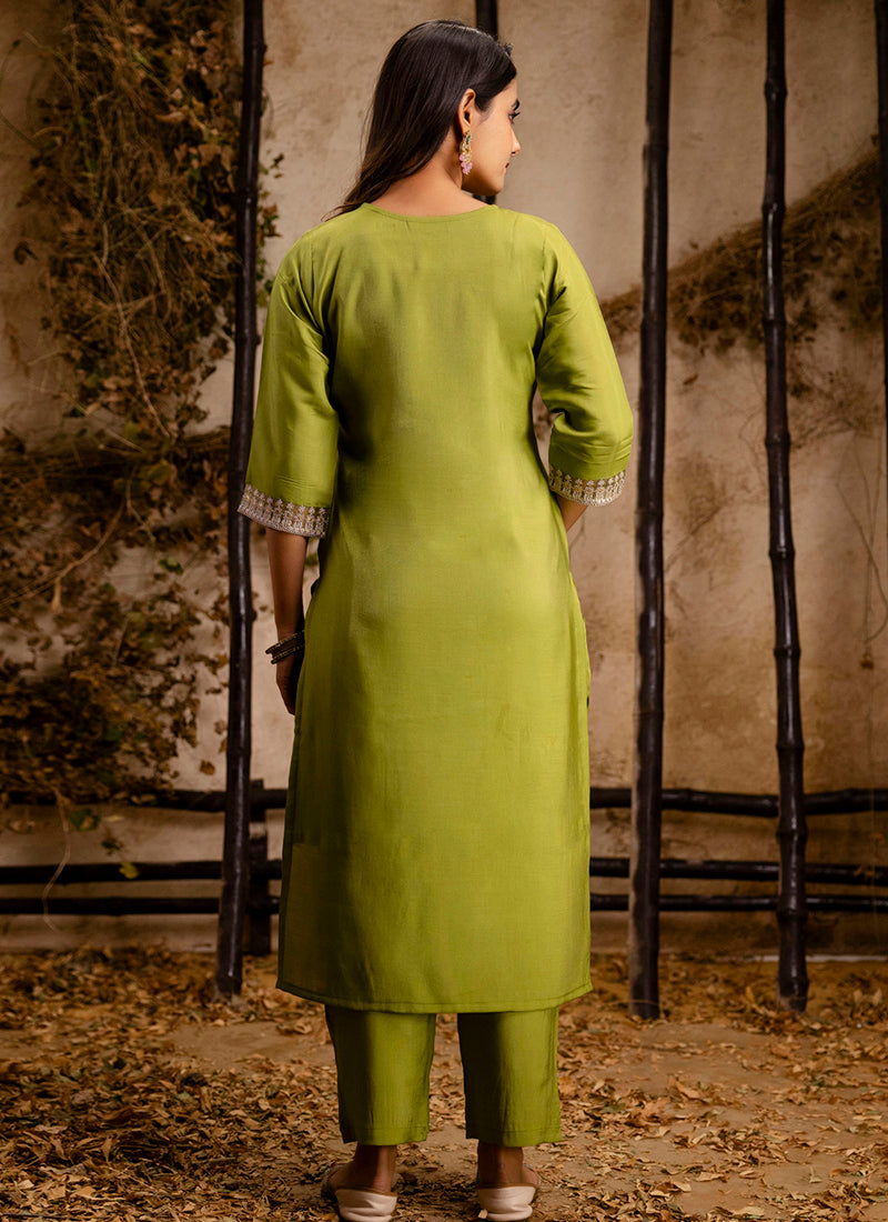 Vellora Silk Blend Olive Green Party Wear Embroidery Work Readymade Salwar Suit | Grocsy