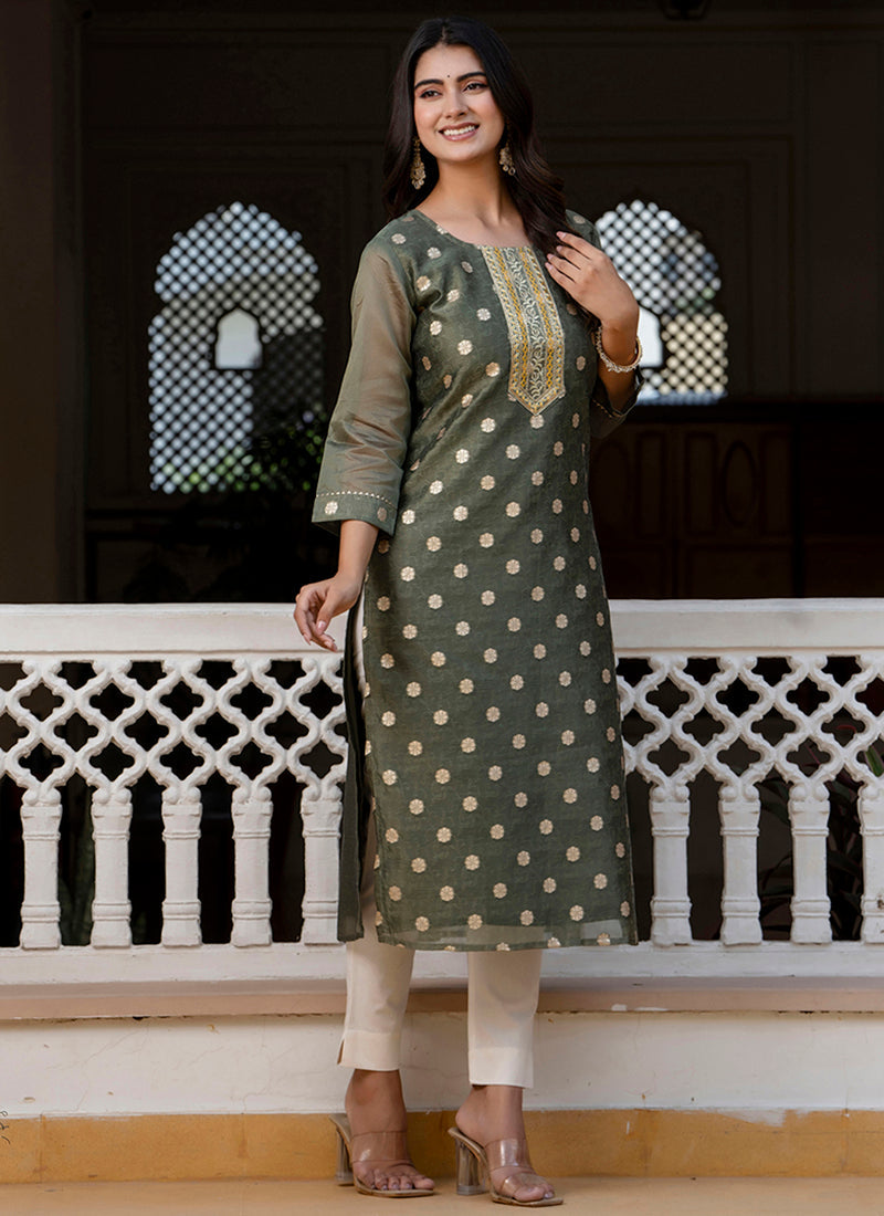 Vellora Silk Blend Brown Party Wear Embroidery Work Readymade Kurti | Grocsy