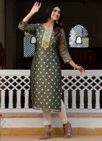 Vellora Silk Blend Brown Party Wear Embroidery Work Readymade Kurti | Grocsy