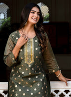 Vellora Silk Blend Brown Party Wear Embroidery Work Readymade Kurti | Grocsy