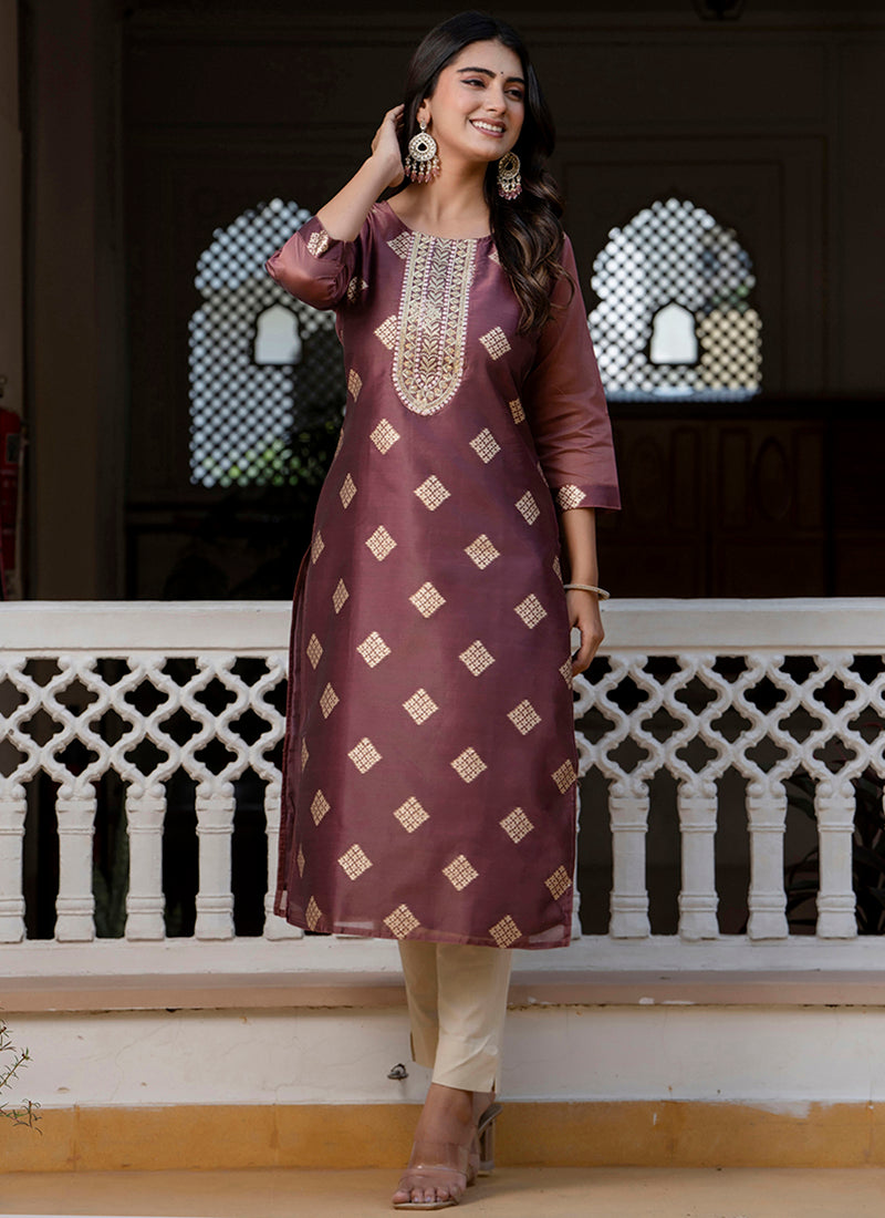 Vellora Silk Blend Peach Party Wear Embroidery Work Readymade Kurti | Grocsy