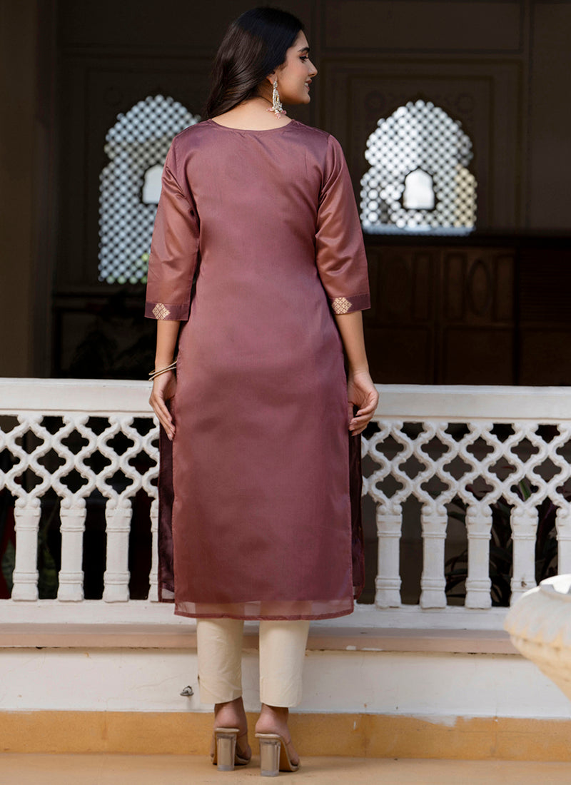 Vellora Silk Blend Peach Party Wear Embroidery Work Readymade Kurti | Grocsy