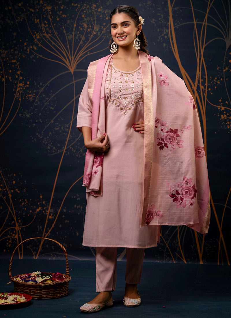 Vellora Shimmer Silk Red Casual Wear Hand Work Readymade Salwar Suit | Grocsy