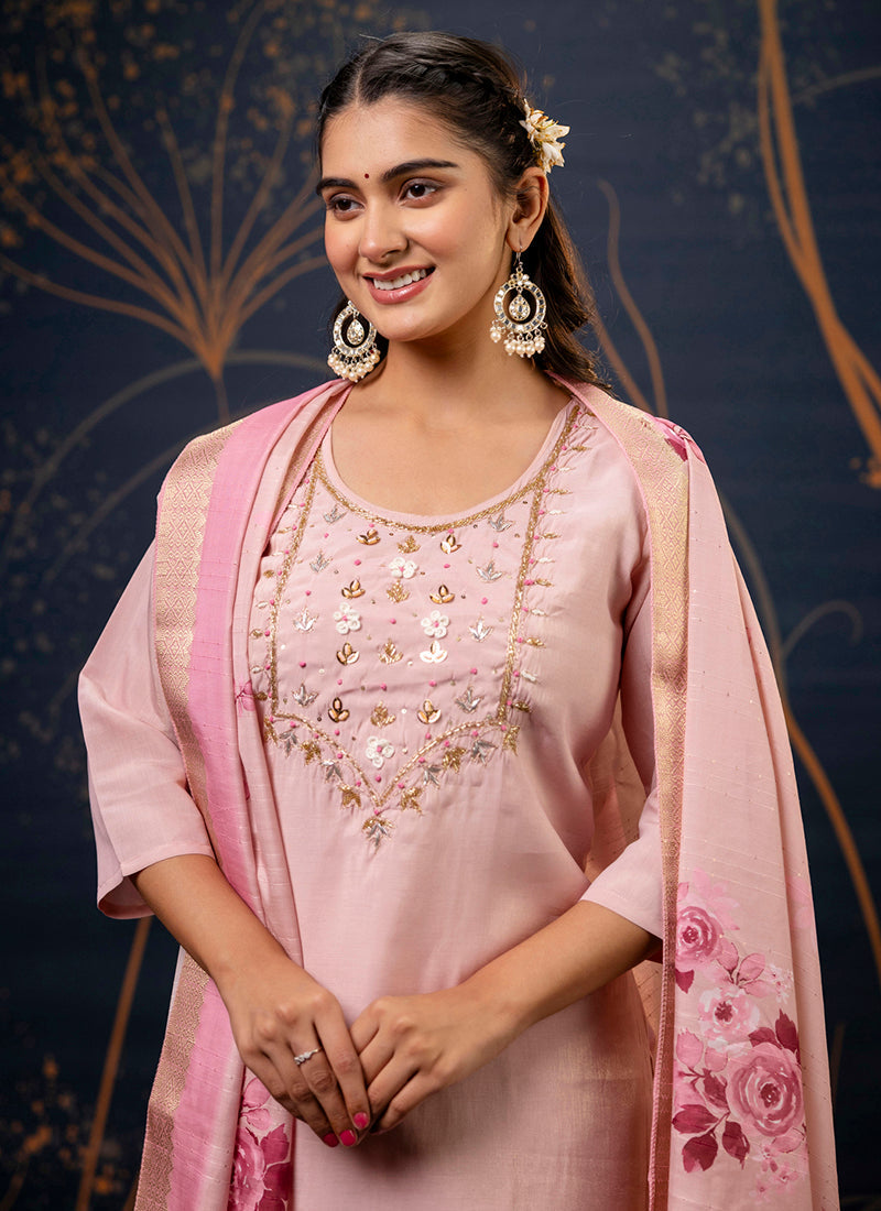 Vellora Shimmer Silk Red Casual Wear Hand Work Readymade Salwar Suit | Grocsy