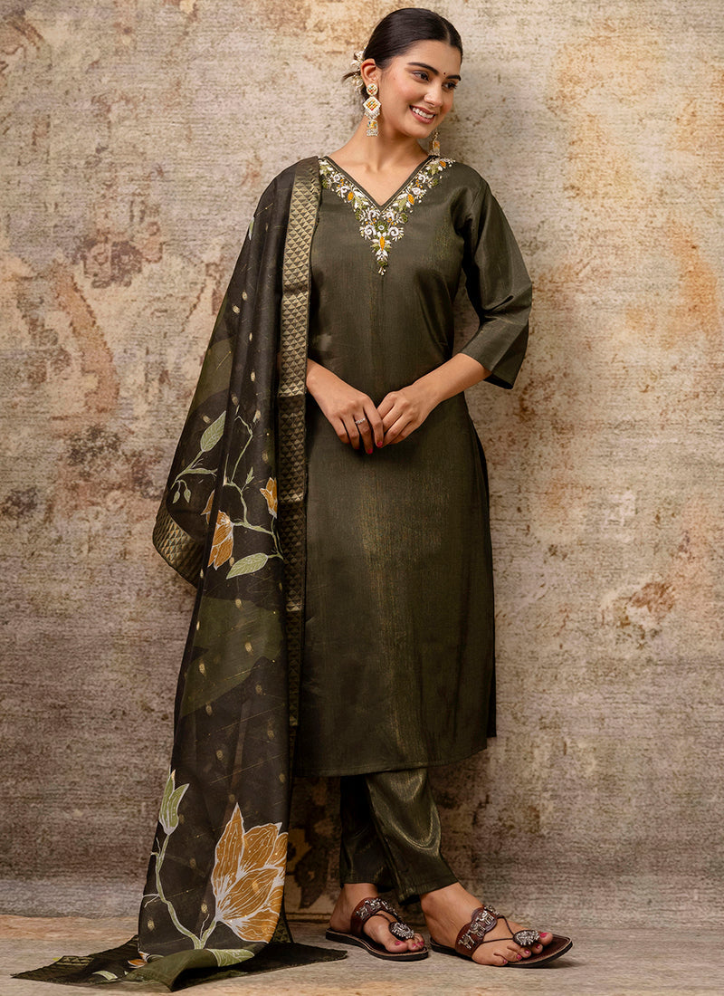 Vellora Shimmer Silk Red Casual Wear Hand Work Readymade Salwar Suit | Grocsy