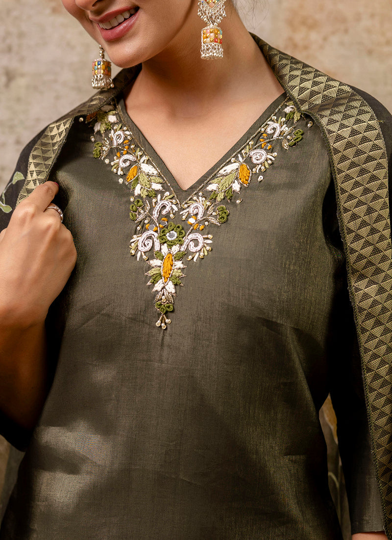 Vellora Shimmer Silk Red Casual Wear Hand Work Readymade Salwar Suit | Grocsy