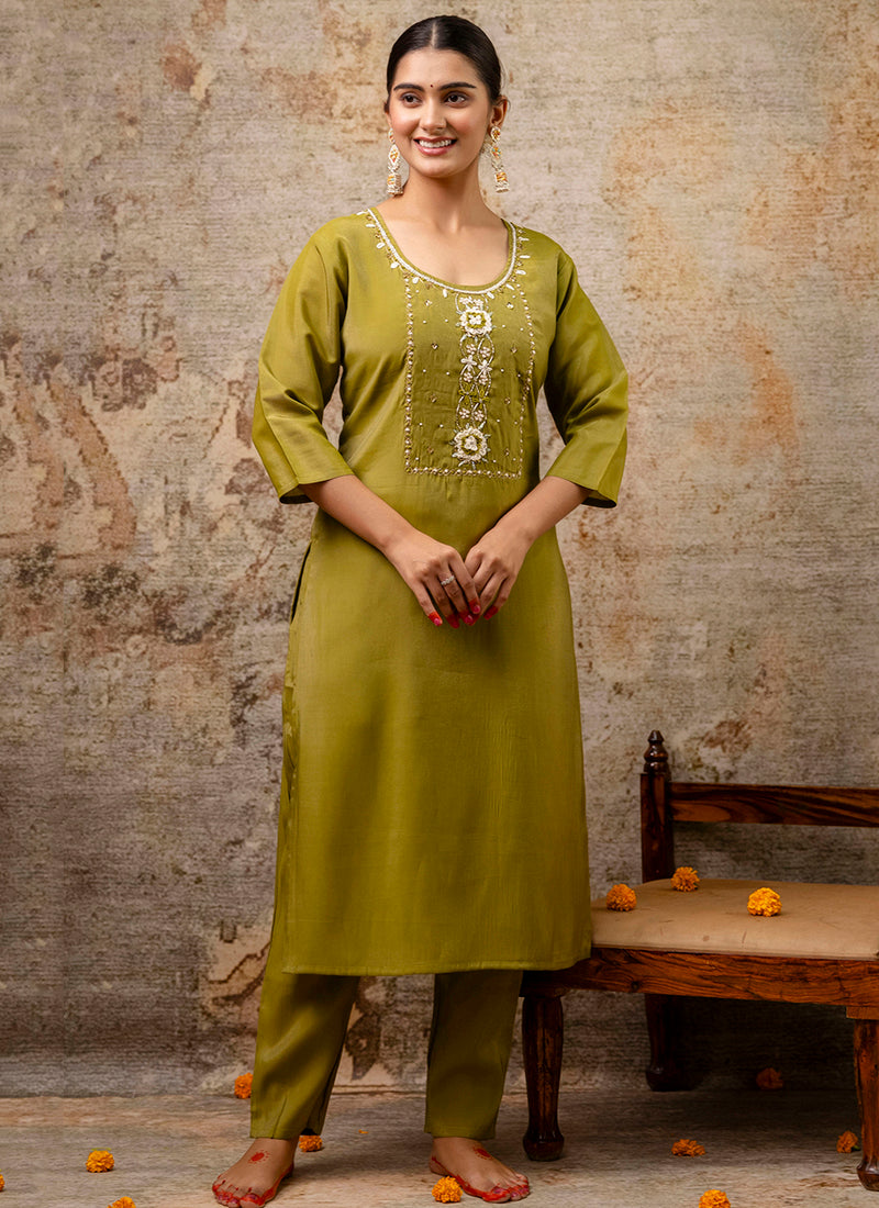 Vellora Shimmer Silk Baby Pink Casual Wear Hand Work Readymade Salwar Suit | Grocsy