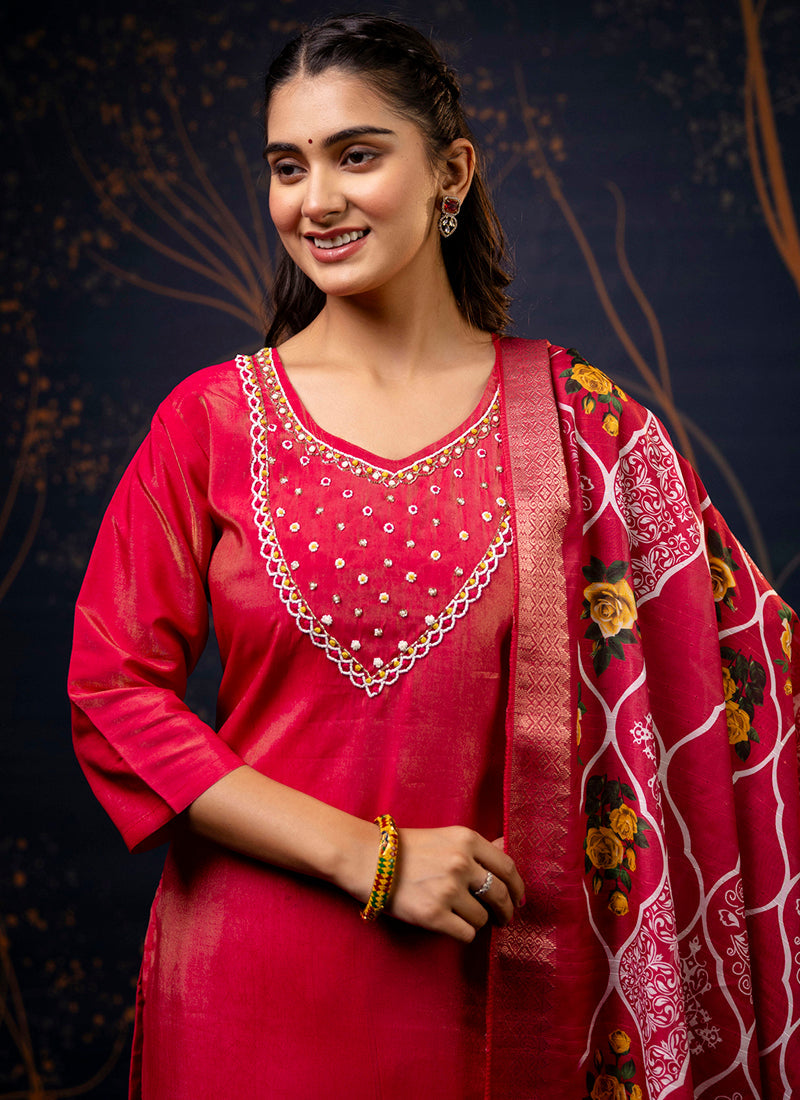 Vellora Shimmer Silk Olive Green Casual Wear Hand Work Readymade Salwar Suit | Grocsy