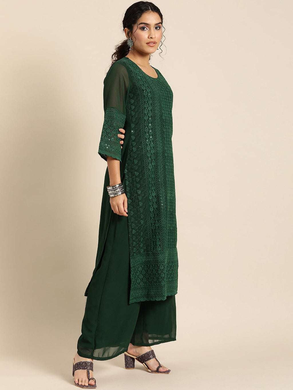 Sangria Women Green Ethnic Motifs Chikankari Kurta with Palazzos | Grocsy