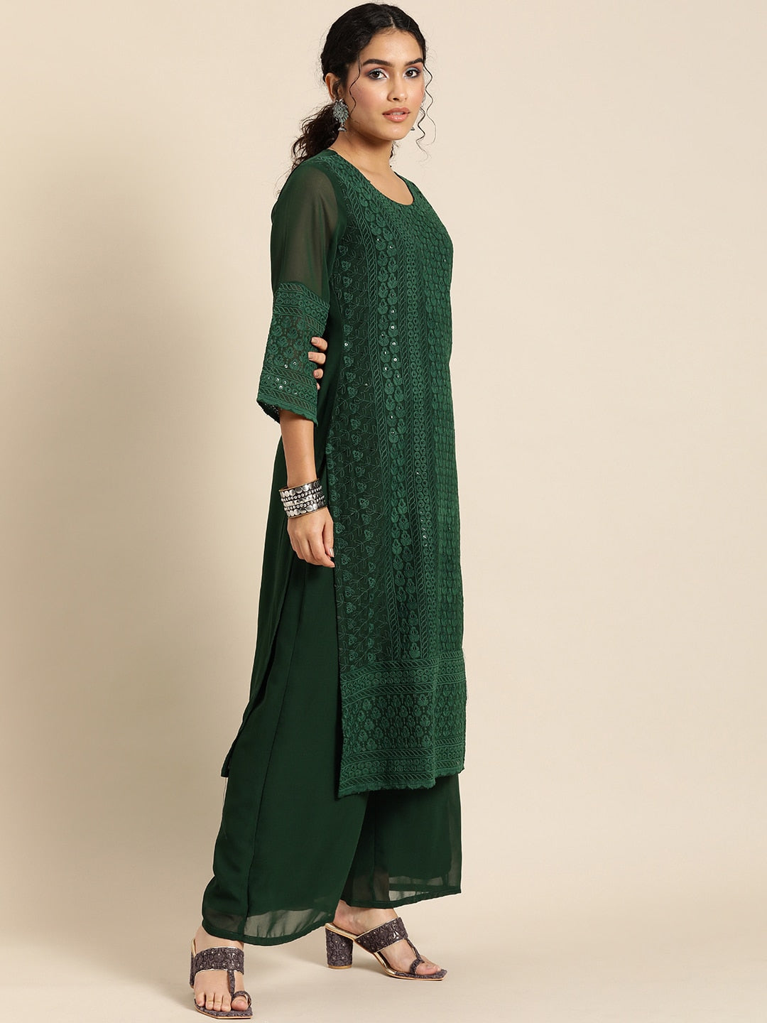 Sangria Women Green Ethnic Motifs Chikankari Kurta with Palazzos | Grocsy