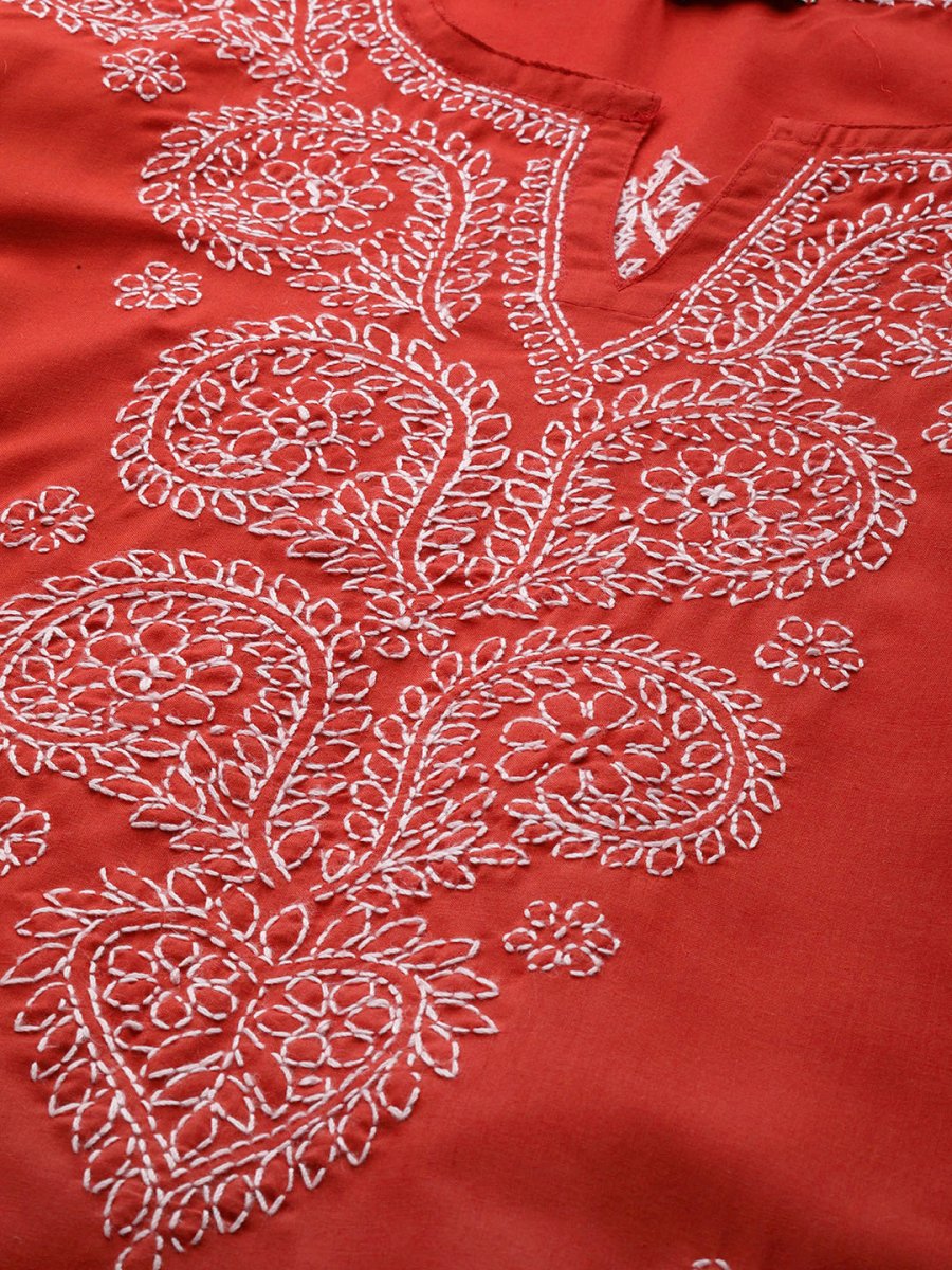 ADA Women Plus Size Red & White Ethnic Motifs Pure Cotton Chikankari Embroidered Kurta | Grocsy