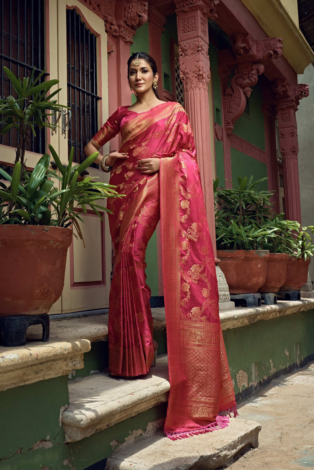 Vardha Bright Pink Golden Zari Banarasi Satin Silk Saree | Grocsy