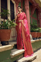 Vardha Bright Pink Golden Zari Banarasi Satin Silk Saree | Grocsy