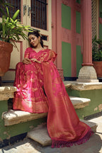 Vardha Bright Pink Golden Zari Banarasi Satin Silk Saree | Grocsy