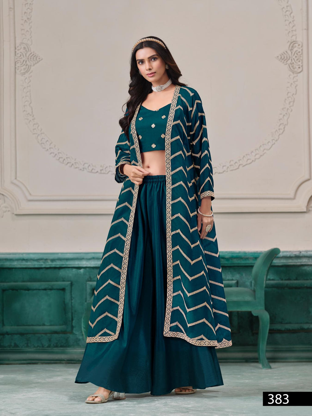 Anaita Teal Chinon Designer Stitched Indo Western | Grocsy