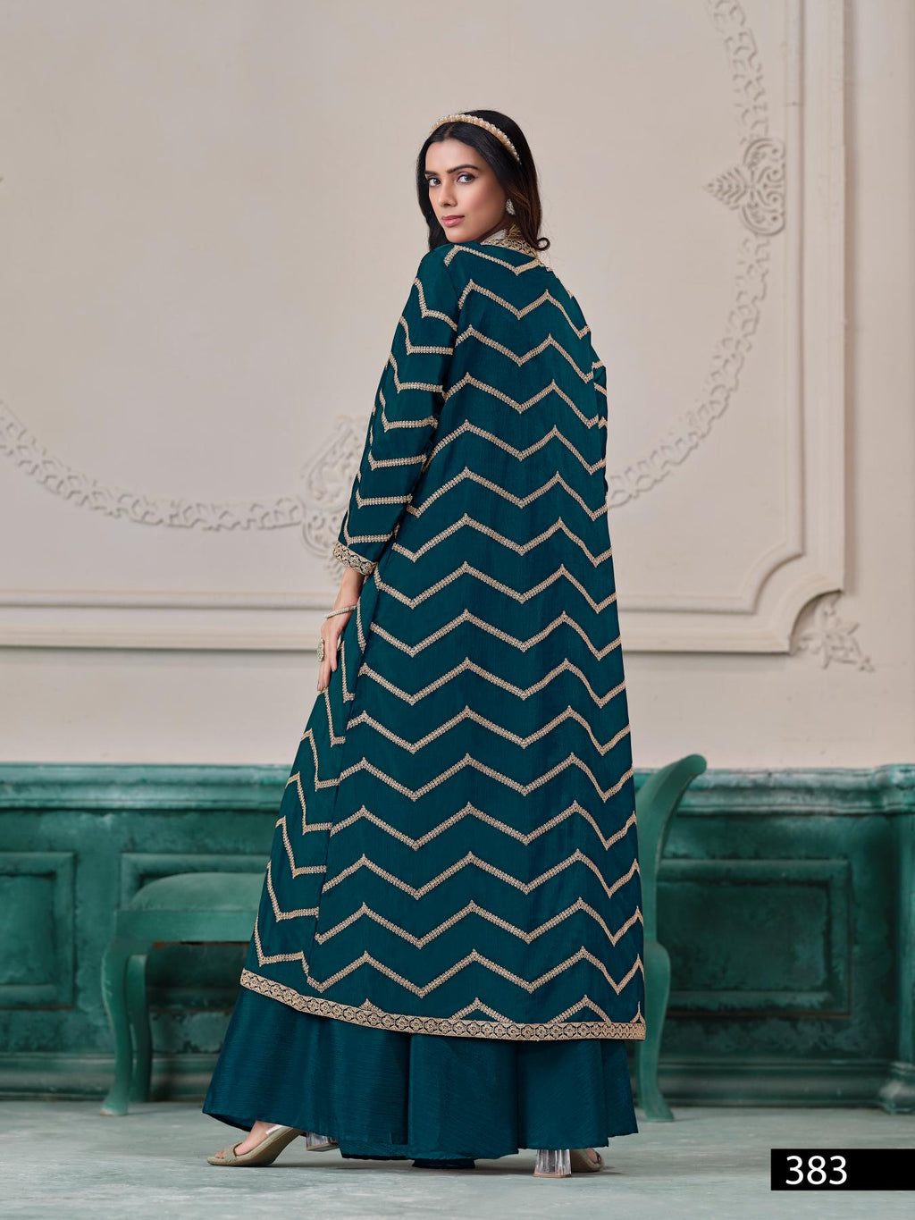 Anaita Teal Chinon Designer Stitched Indo Western | Grocsy