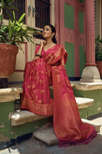 Vardha Bright Pink Golden Zari Banarasi Satin Silk Saree | Grocsy