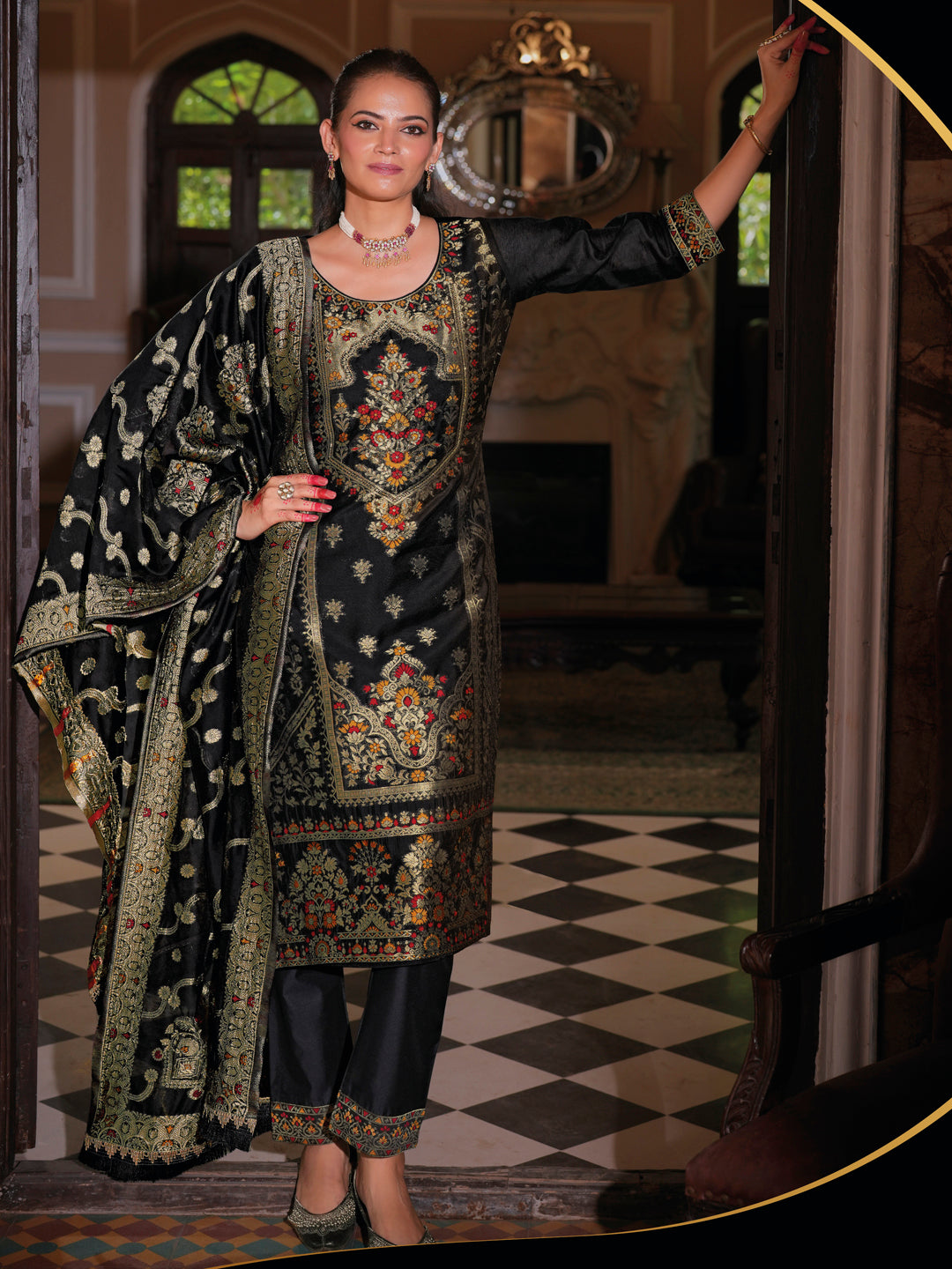 Vellora Jacquard Silk Black Party Wear Embroidery Work Readymade Salwar Suit | Grocsy