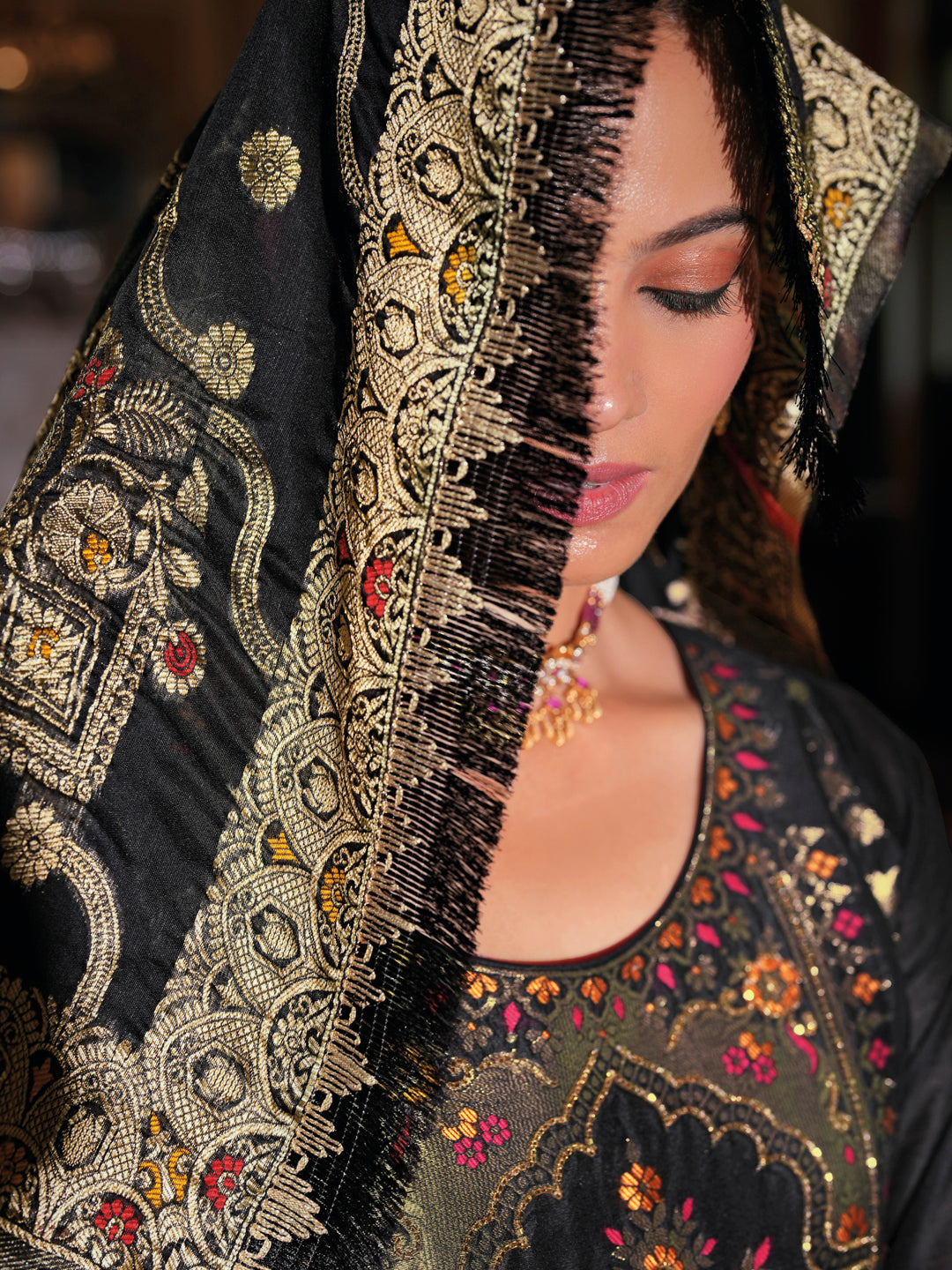 Vellora Jacquard Silk Black Party Wear Embroidery Work Readymade Salwar Suit | Grocsy