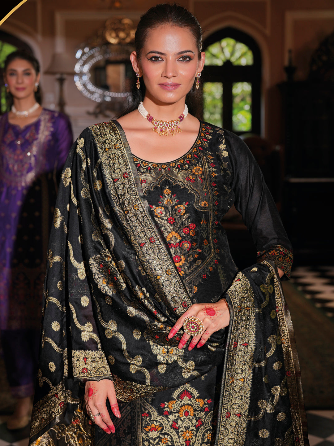 Vellora Jacquard Silk Black Party Wear Embroidery Work Readymade Salwar Suit | Grocsy