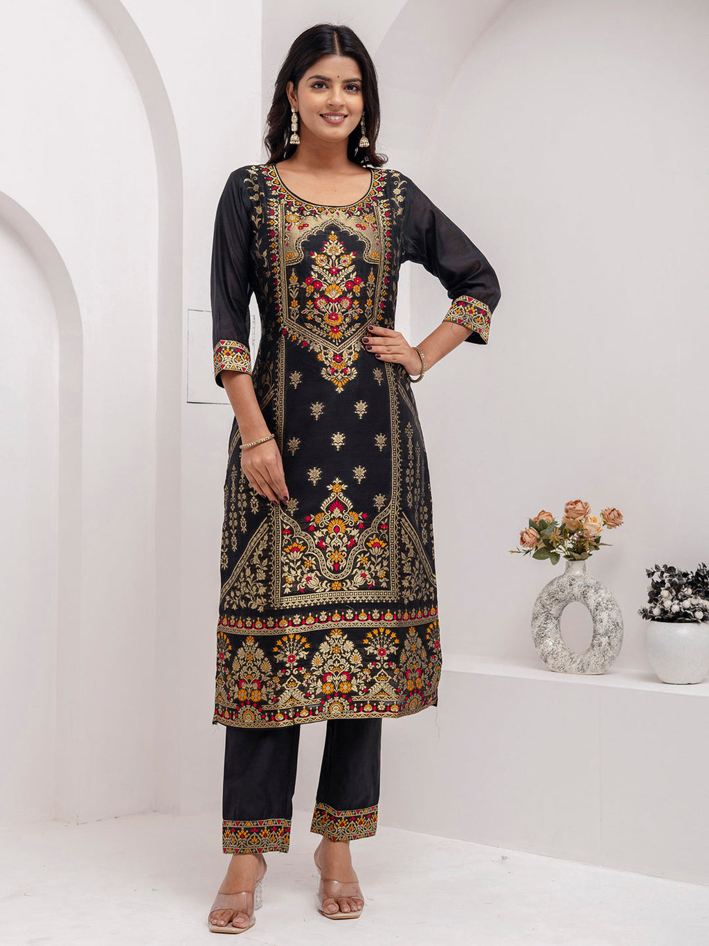 Vellora Jacquard Silk Black Party Wear Embroidery Work Readymade Salwar Suit | Grocsy