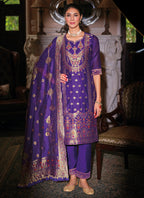 Vellora Jacquard Silk Royal Blue Party Wear Embroidery Work Readymade Salwar Suit | Grocsy