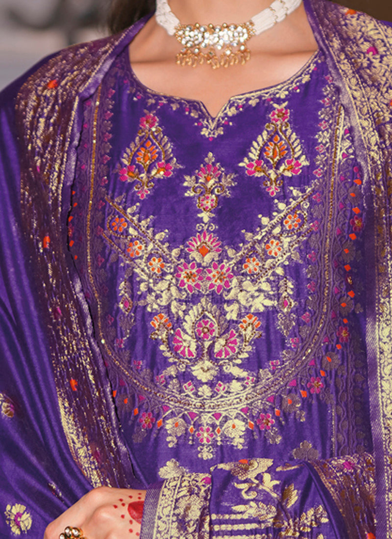 Vellora Jacquard Silk Royal Blue Party Wear Embroidery Work Readymade Salwar Suit | Grocsy