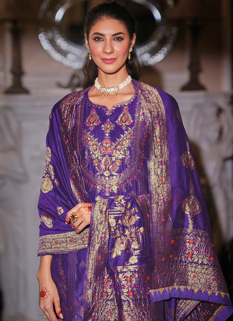 Vellora Jacquard Silk Royal Blue Party Wear Embroidery Work Readymade Salwar Suit | Grocsy