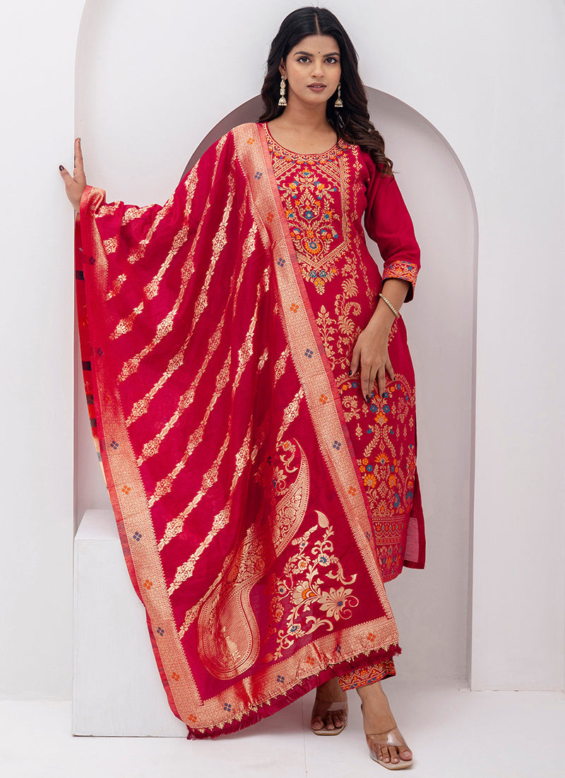 Vellora Jacquard Silk Red Party Wear Embroidery Work Readymade Salwar Suit | Grocsy