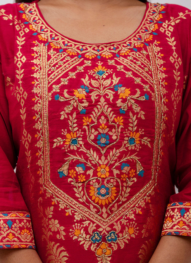 Vellora Jacquard Silk Red Party Wear Embroidery Work Readymade Salwar Suit | Grocsy
