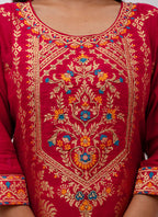 Vellora Jacquard Silk Red Party Wear Embroidery Work Readymade Salwar Suit | Grocsy