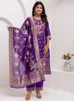 Vellora Jacquard Silk Royal Blue Party Wear Embroidery Work Readymade Salwar Suit | Grocsy